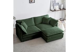 GNIXUU Deep Seat Sectional Sofa Cloud Couch with Ottoman, 76.7" Modern Chenille Comfy Upholstered Modular Sofa L Shaped Couch for Living Room, Apartment, Studio, Office(Green).