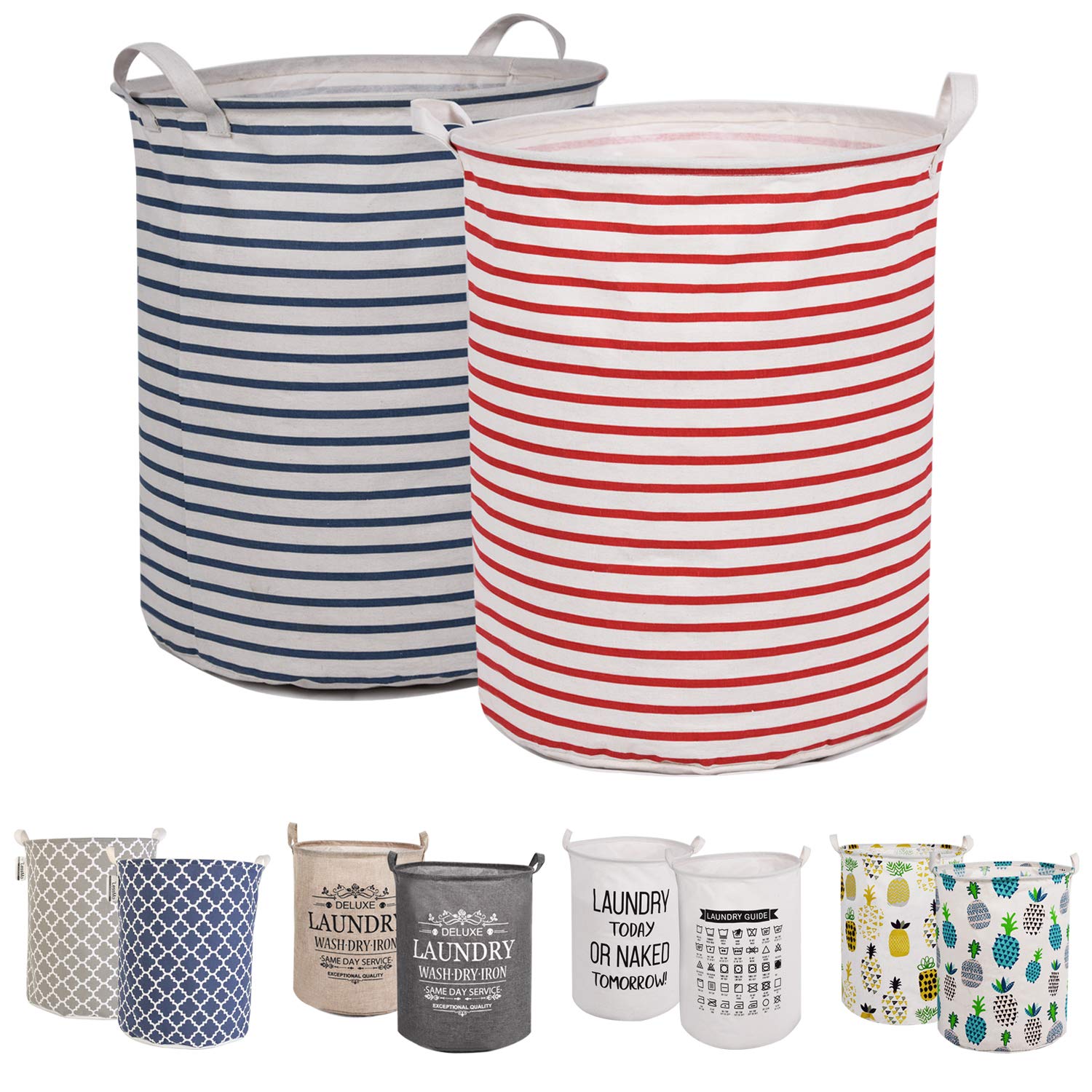 LessMo 2Pcs 17.7" Laundry Hamper, Collapsible Storage Basket With Easy Carry Handles, Waterproof Round Cotton Linen, for Baby Products, Toys, Bedroom Hamper