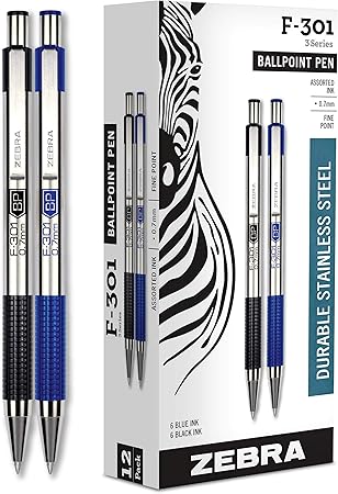 Amazon Com Zebra Pens Fine Point F 301 Bulk Combo Pack Of 6 Black Ink 6 Blue Ink Metal Pens Total Of 12 Pens Ballpoint Stainless Steel Retractable 0 7mm Fine Point