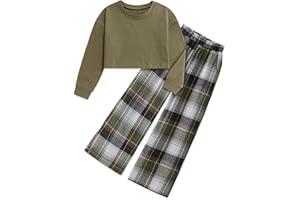 Gaupafmb Girls Clothes Solid Long Sleeve Tops Plaid Wide Leg Pants with Pockets Girls Outfits Size 6-14