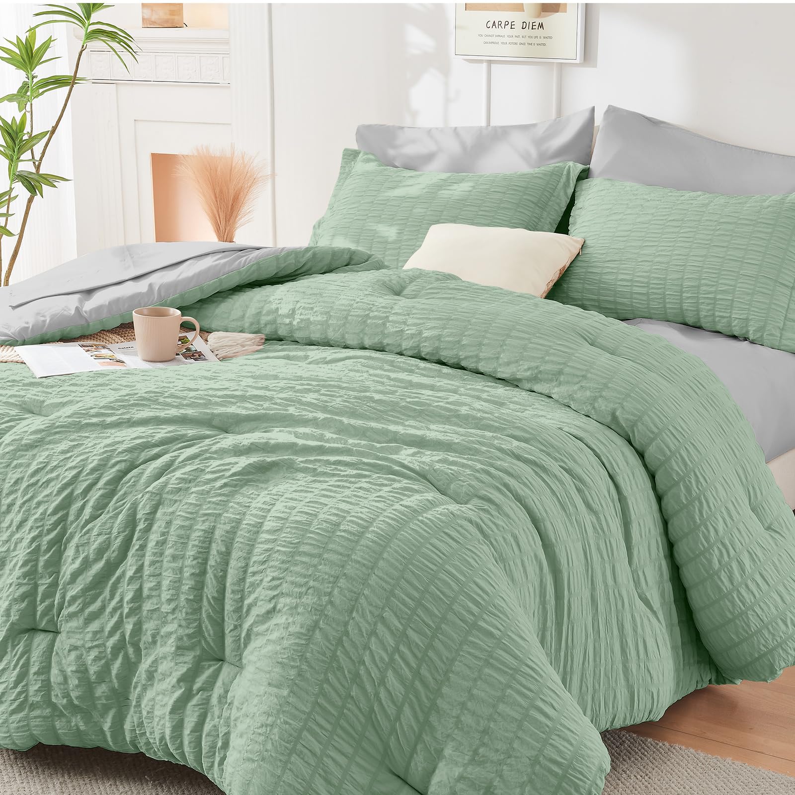 HYMOKEGE Sage Green/Light Grey Queen Comforter Set Seersucker 7 Pieces, All Season Luxury Bed in a Bag Queen for Bedroom, Bedding Set with Comforter, Sheets, Pillowcases & Shams Image
