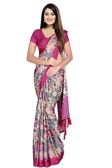 Fevinaa Digital Womens Crepe Satin Digital Printed Saree with Blouse Piece, Brown