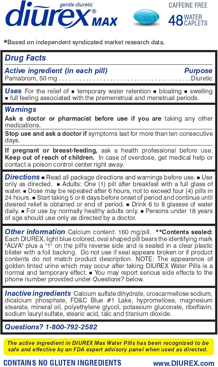 Diurex Max Water Pills - Maximum Strength Caffeine Free Diuretic - Relieve Water Bloat - 48 Count: Health & Personal Care