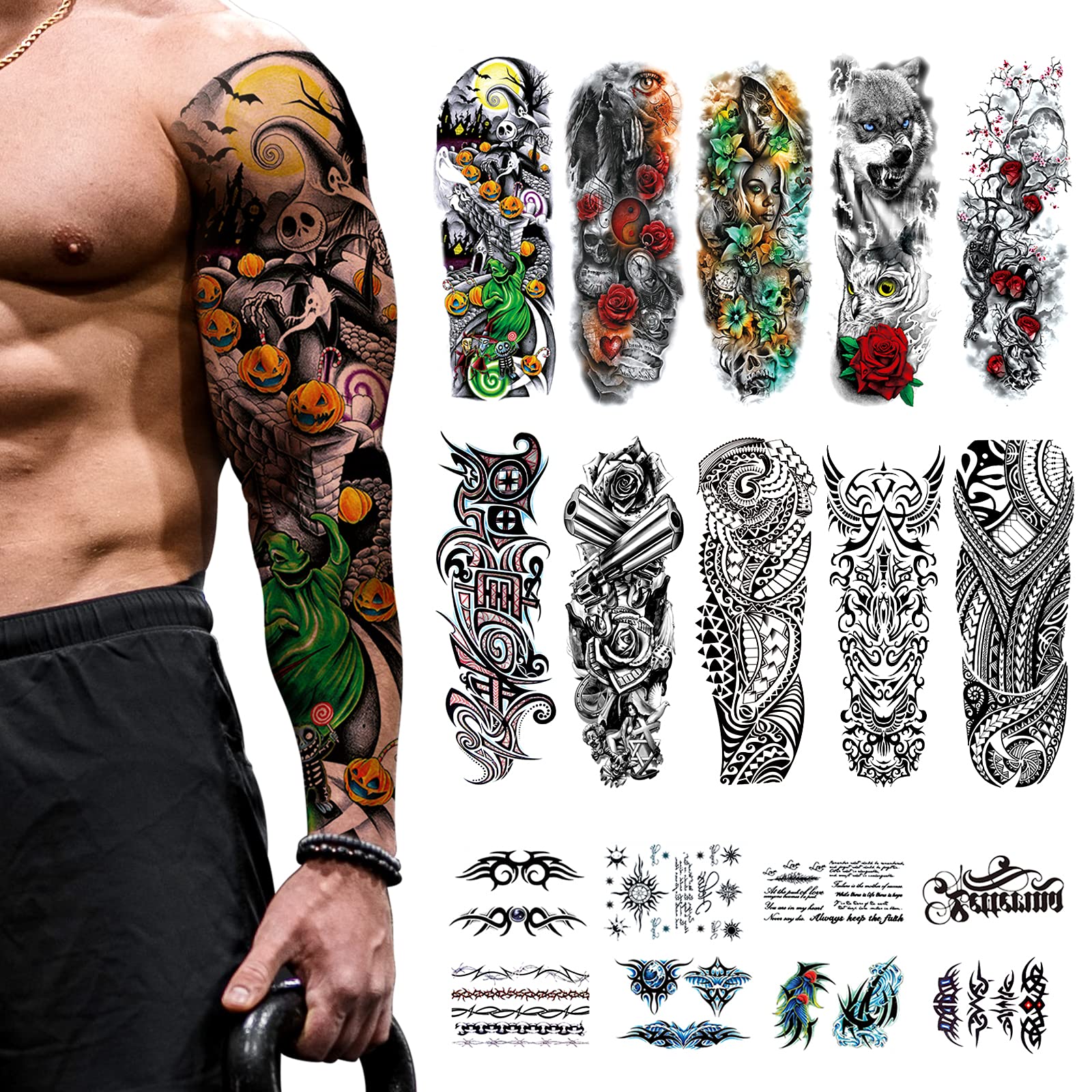 18 Sheets Temporary Tattoos, CAYUDEN Waterproof Black & Colorful 10 Sheet Full Arm Temporary Tattoo Stickers + 8 Sheet Half Arm Fake Tattoos Sleeves Men Woman with Wolves Dragon Rose Gun Tattoo Kit