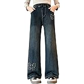 Rolanko Girls Baggy Jeans Distressed Denim Pants Elastic Waist Wide Leg Jeans for Girls Kids Loose Fit 4-14 Years
