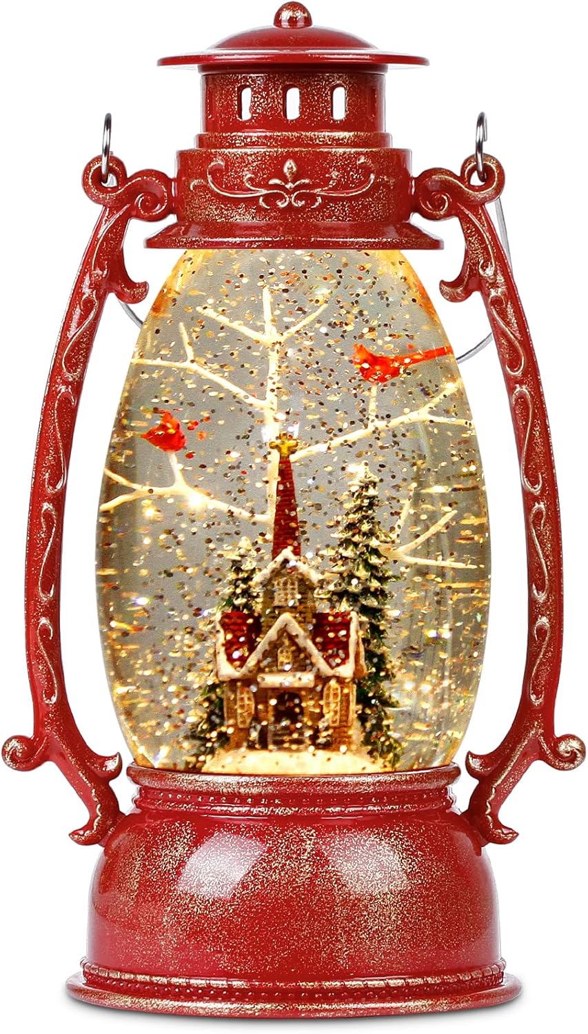 Snow Globes - Cardinal Snow Globe,Christmas Snow Globe,13 Inch Glittering Lantern Swirling,Gifts Festival Ornament Musical Red Cardinal Church,Trees and House, Battery or USB Powered