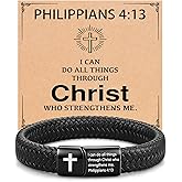 UPROMI Engarved Leather Cross Bracelet for Men - Christmas Christian Religious Catholic Baptism Birthday Gifts for Him
