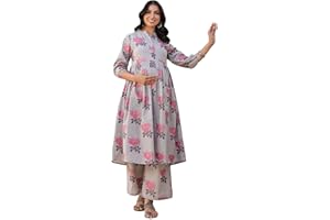 Janasya Indian Women's Maternity Co-ord for Women Pure Cotton A-Line Floral Casual Calf Length Maternity Clothes