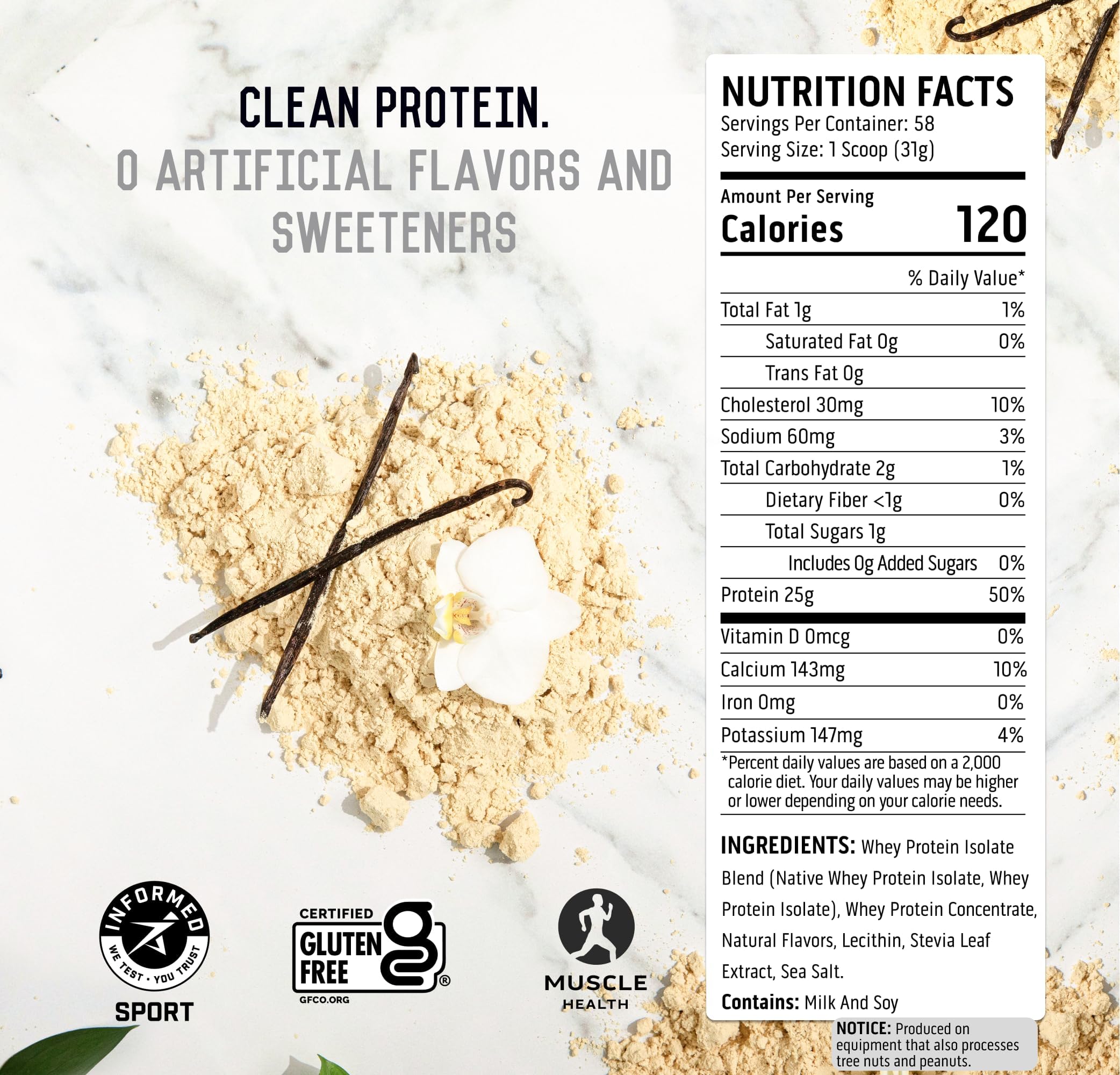 Ascent 100% Whey, Native Whey Protein Blend - Clean Post Workout Recovery, Digesting, Zero Artificial Flavors & Sweeteners, Gluten Free, 5.5g BCAA, 2.6g Leucine, Vanilla Bean 4 lb.