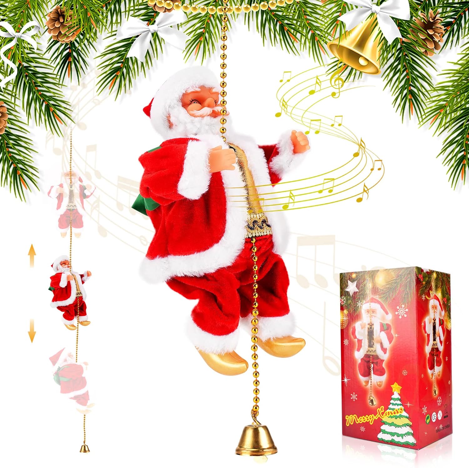 Ornaments - Allnice Electric Santa Claus for Christmas Decorations with Music and Light Singing Dancing Christmas Doll Santa Claus Toy Musical Moving Christmas Santa Claus Ornaments Xmas Gift (Climbing Rope)