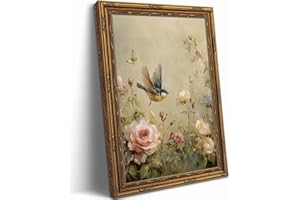Vintage Gold Framed Bird Wall Art Spring Cottagecore Painting Canvas Sparrow And Butterfly In The Rose Bush Picture Wall Decor Whimsical Floral Aesthetic Print Artwork For Living Room Bedroom