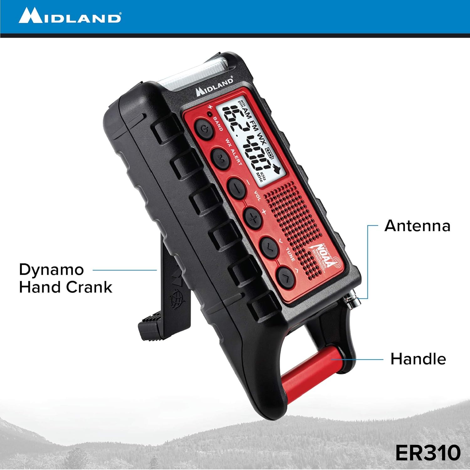 Midland - ER310, Emergency Crank Weather AM/FM Radio - Multiple Power Sources, SOS Emergency Flashlight, Ultrasonic Dog Whistle, NOAA Weather Scan + Alert (Red/Black): Home Audio & Theater