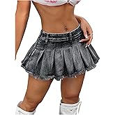 BEAUDRM Women's Y2K Low Waist Pleated Denim Skirt Zipper Raw Hem Mini Skirt Casual Ruffle Jean Skirt