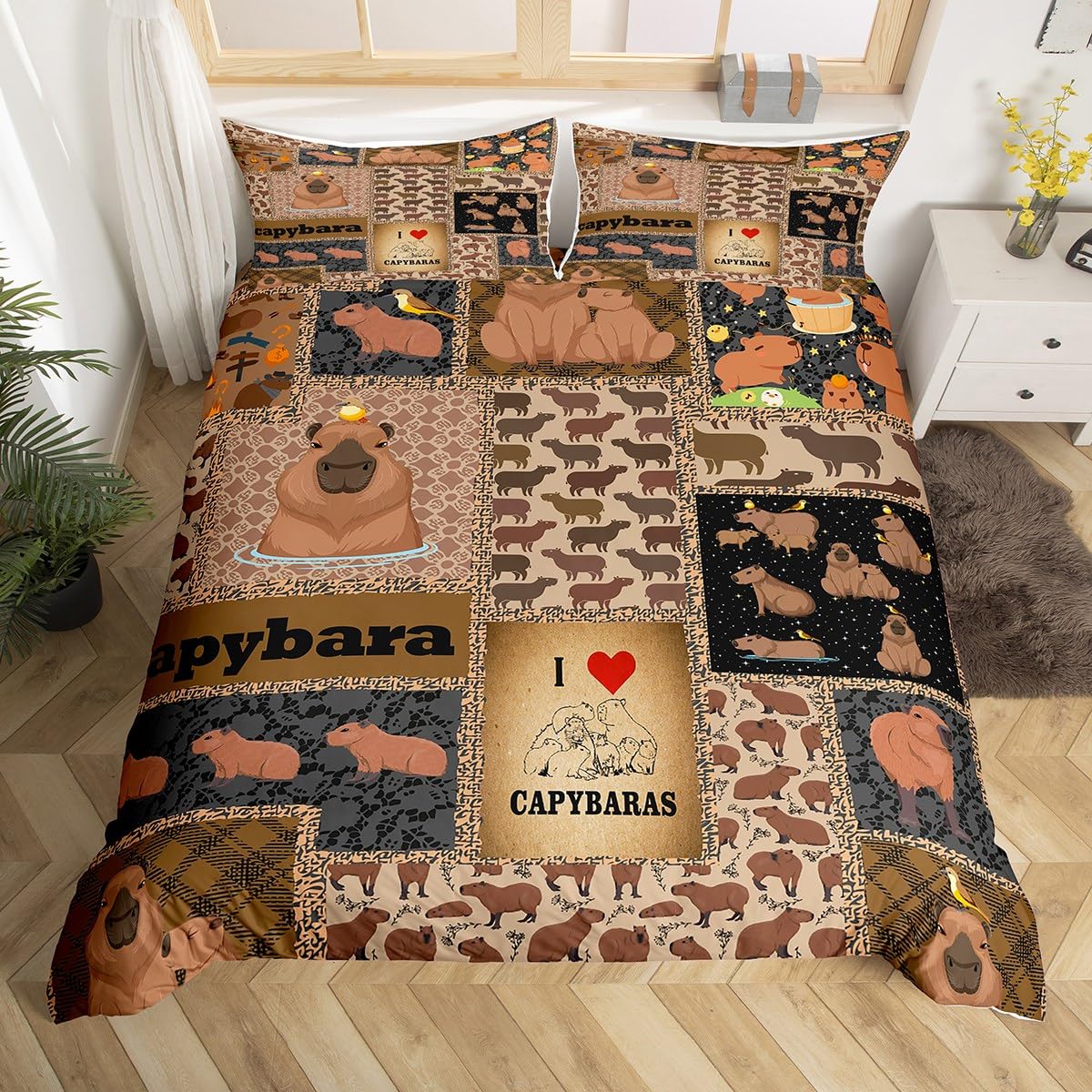 Loussiesd Brown Capybara Duvet Cover Set - Cute Capybara Bedding for Kids - Breathable Comforter & Bedspread - 3Pcs Double — image 1