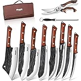 Huusk Butcher Knife Set, Hand Forged Butcher Chef Knife Set with Bag, Sharp Meat Cleaver & Bbq Carving Knives & Boning Breaking Knives for Kitchen & Camping, Christmas Gifts for Men Women