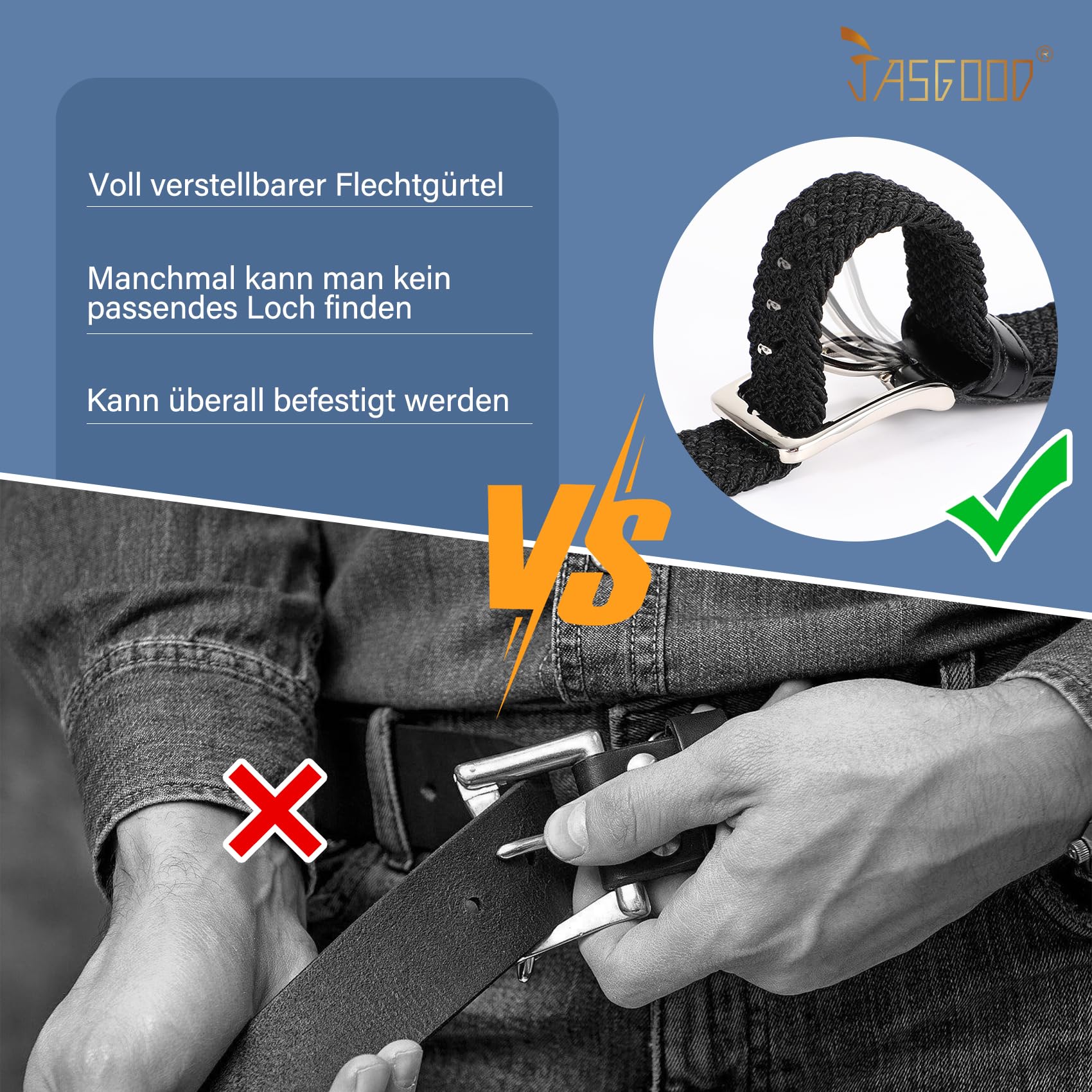 JasGood Geflochtener Elastischer Gürtel für Herren und Damen, 2 Stück Stoffgürtel Stretchgürtel Dehnbarer Gürtel für Jeans Hosen, 3 cm Breite 5
