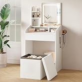 LIVELYGLOW 24" White Small Vanity Set with Lighted Mirror &amp; Storage Stool | Smart LED Mirror, Charging Station, Hairdryer Rack, Space-Saving
