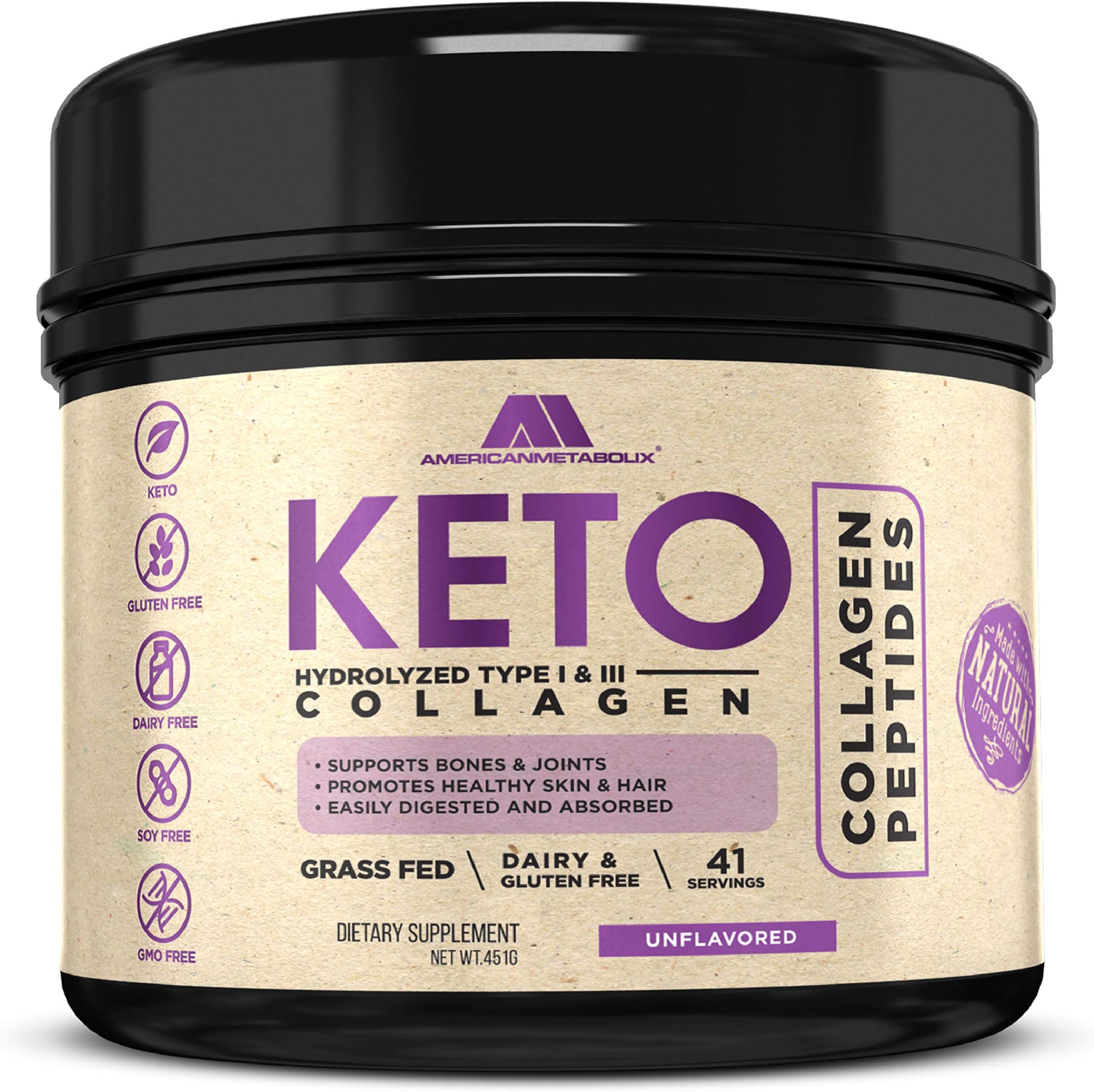 Keto Collagen, 41 Servings, Grass-Fed, Non-GMO, Gluten Free - Hydrolyzed Collagen Powder Type I and Type III Collagen Powder - Unflavored