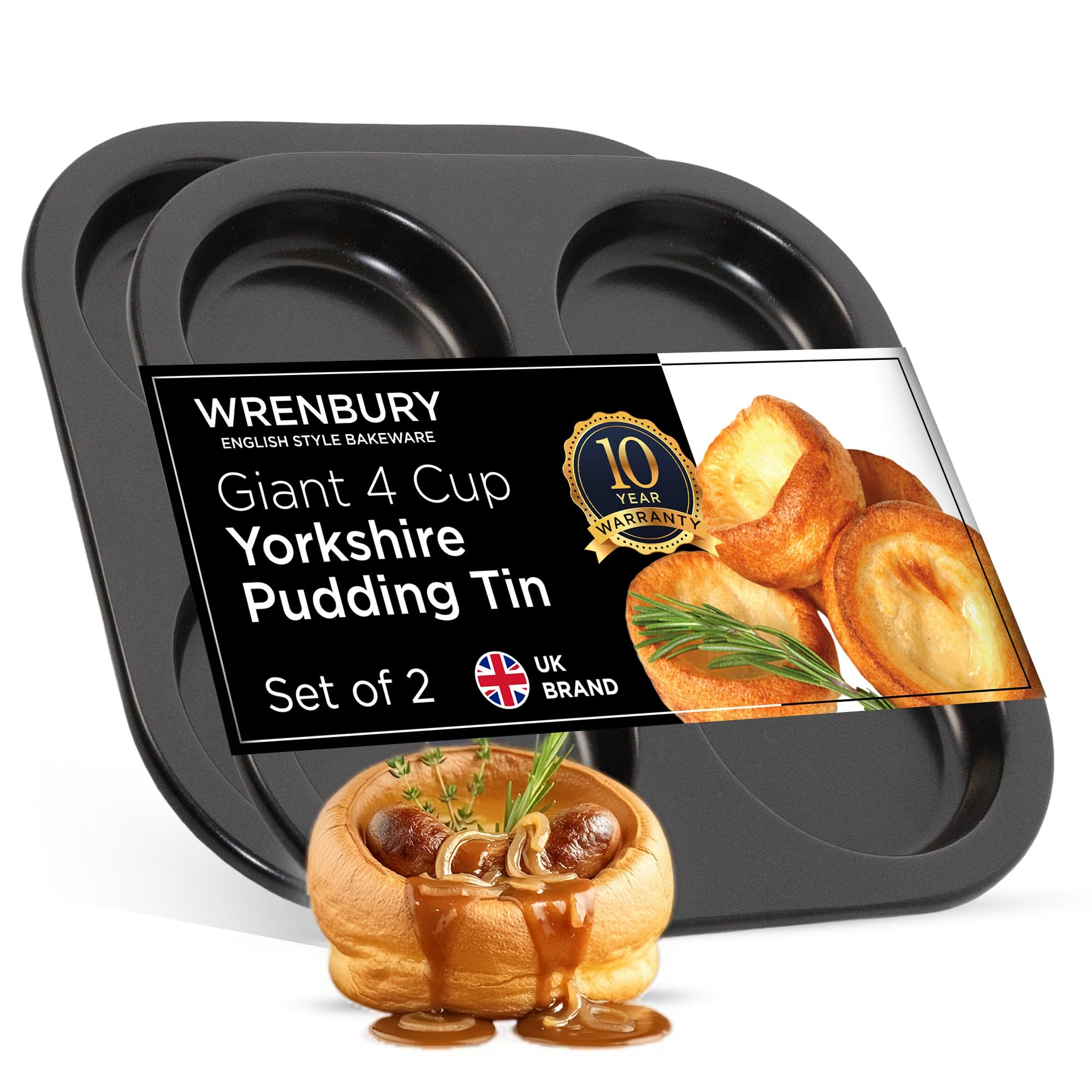 Wrenbury Yorkshire Pudding Tray 4 Cup Twin Pack | Robust Non Stick Yorkshire Pudding Pan Tin – 10 Year Quality Guarantee Baking Tray Yorkshire Puddings (Set of 2)
