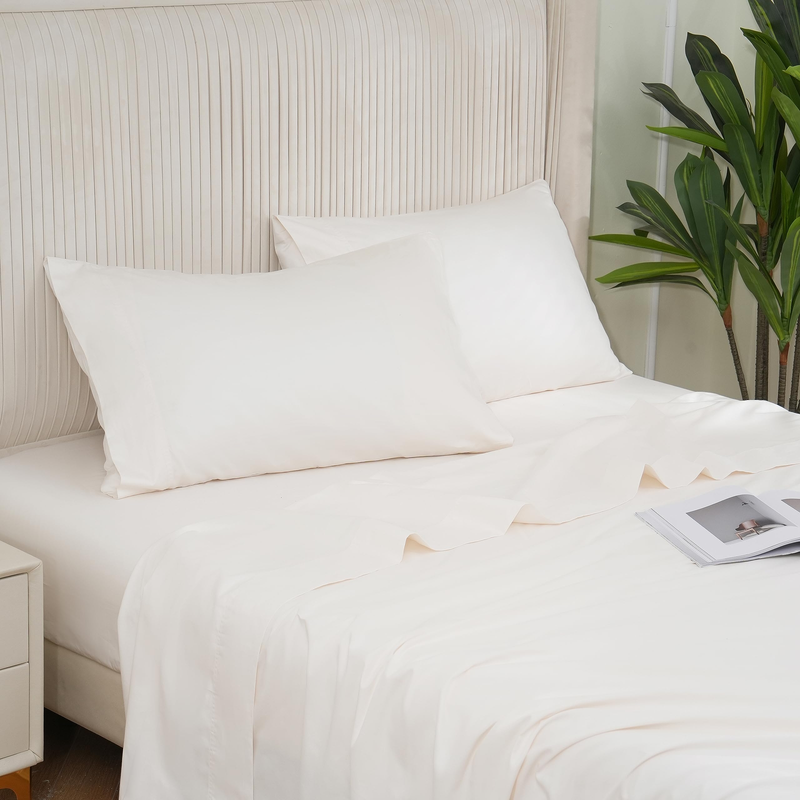 Photo 1 of DOWNCOOL Queen Sheet Set - 100% Cotton Sheets Queen Size Set, 400 Thread Count Sateen, 16" Deep Pocket Queen Sheets, 4-Pc Breathable Cooling Hotel Luxury Bedding Sheets & Pillowcases, Cream White
