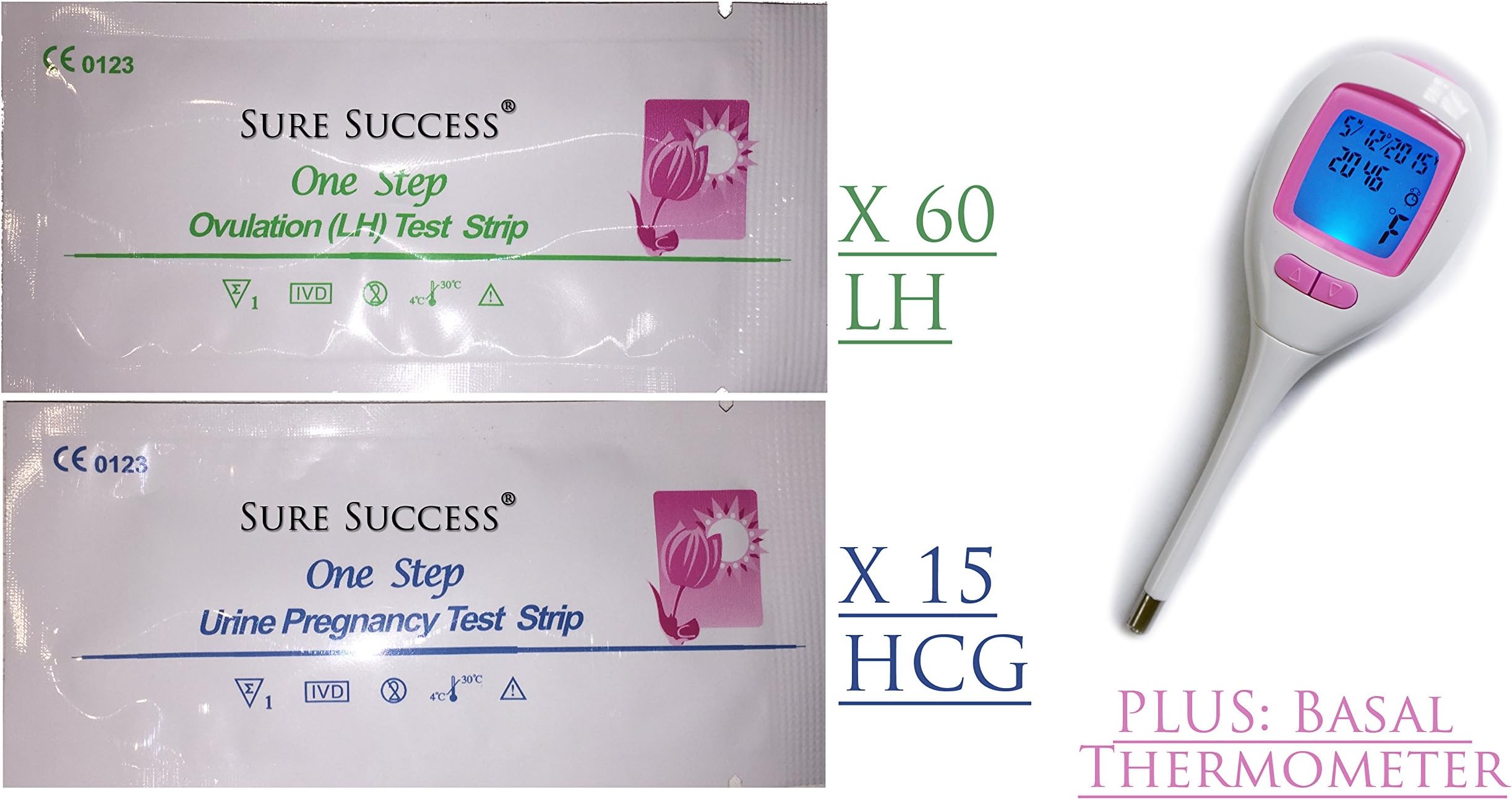 Sure Success® Combo 60 (Lh) Ovulation,15 (Hcg) Pregnancy Test Strips Plus Basal Body Temperature Thermometer; Includes Ebook
