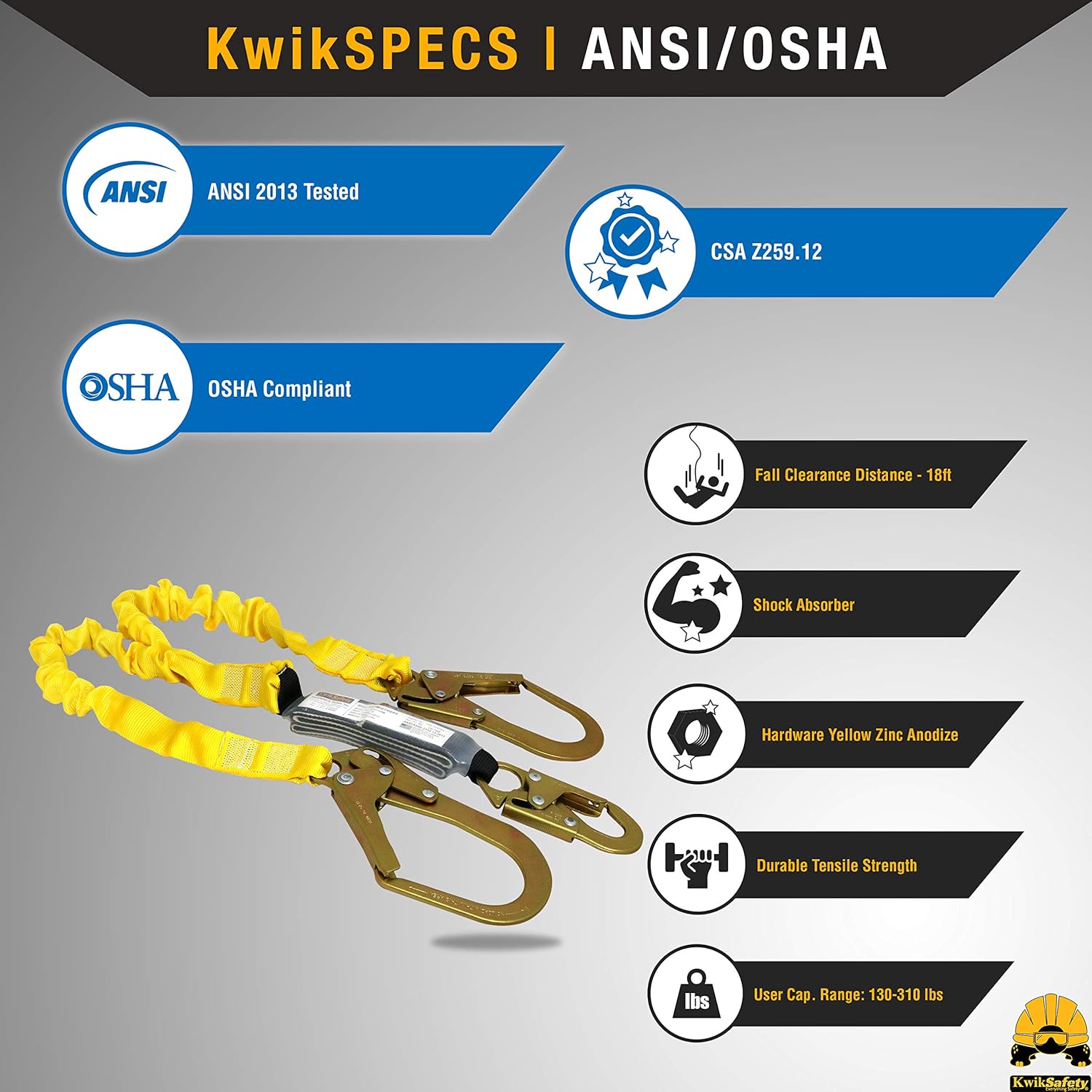 KwikSafety (Charlotte, NC) PYTHON | Double Leg 6ft Tubular Stretch Safety Lanyard | OSHA ANSI Fall Protection | EXTERNAL Shock Absorber | Construction Arborist Roofing | Snap & Rebar Hook Connector - - 