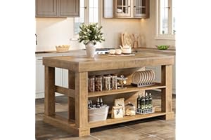 Tribesigns 55" Kitchen Island with Seating and Storage, 3-Tier Farmhouse Wood Stationary Island Table with Large Worktop & Le