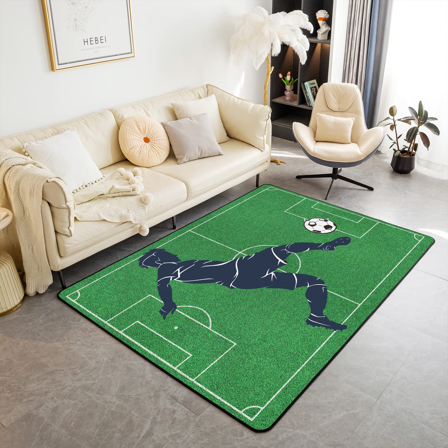 Loussiesd Football Rugs for Living Room Bedroom Soccer Ball Sports Theme Living Room Rugs for Bedroom Kids Boys Girls Teens Football Field Carpet Competitive Games Floor Mat 150 * 200cm