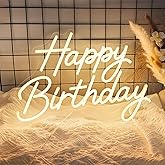 Happy Birthday Neon Sign for Wall Decor, LED Happy Birthday Light Up Sign with 10 Pcs Ballons, Dimmable Happy Birthday Lights Signs for All Birthday Party Decorations Backdrop, Warm White