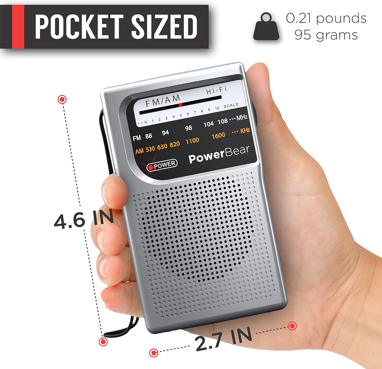 PowerBear Portable Radio | AM/FM, Battery Operated, Long Range (Silver): Home Audio & Theater