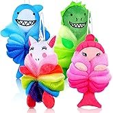 Tatuo 4 Pcs Animal Bath Loofahs Kids Body Loofah Cartoon Shower Cute Bath Sponge Pouf Body Scrubbers Mesh Sponge for Children Shower Baby Washing Exfoliating, 4 Style (Vivid Style)