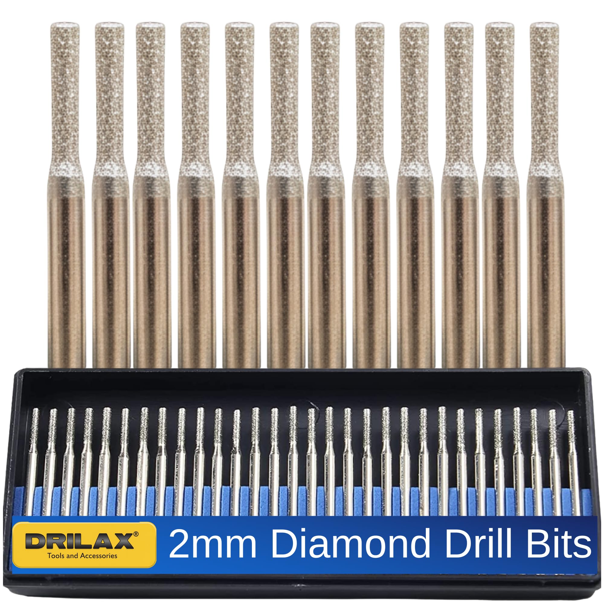 Drilax 2mm Diamond Drill Bit 30 Pcs Case Set Jewelry Beach Sea Glass Shells Gemstones Bur Standard Shank Compatible with Dremel Burr Lapidary