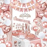 Party spot! 253 Pcs Birthday Decorations For Women, Rose Gold Party Decorations, Happy Birthday Decorations - Balloon Stand Kit, Tableware Kit,Pump, Banner, Tassel Curtain,Balloon, For 25 Guests