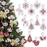 Amyhill 12 Pcs Nordic Christmas Scandinavian Ornament Set with Lanyard Felt Nordic Noel Red Thread Snowflake Xmas Tree Elk Hanging Ornaments for Christmas Tree Decorations Winter Holiday Party Gifts