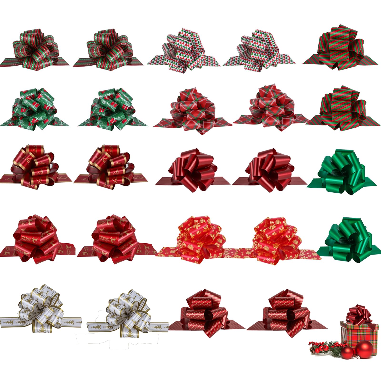 PintreeLand 24PCS Christmas Bows for Gift Wrapping, 5” Xmas Pull Bows with Ribbon Wrap Accessory for Present, Florist, Bouquet, Hamper, Basket Decor, Easy to Assemble