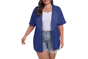 OLRIK Plus Size Cardigan for Women Summer Short Sleeve Open Front Lightweight Cardigan with Pockets Drape Beach Cover Up