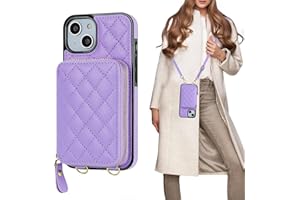 Bocasal Crossbody Wallet Case for iPhone 13, RFID Blocking PU Leather Zipper Handbag Purse Flip Cover, Kickstand Folio Case with Card Slots Holder Wrist Strap Lanyard 5G 6.1 Inch (Purple)