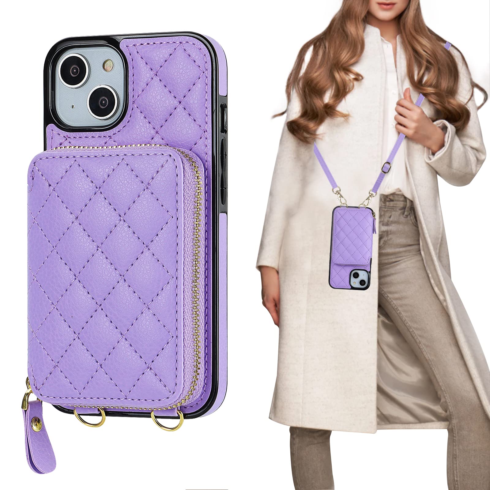 Bocasal Crossbody Wallet Case for iPhone 13, RFID Blocking PU Leather Zipper Handbag Purse Flip Cover, Kickstand Folio Case with Card Slots Holder Wrist Strap Lanyard 5G 6.1 Inch (Purple)
