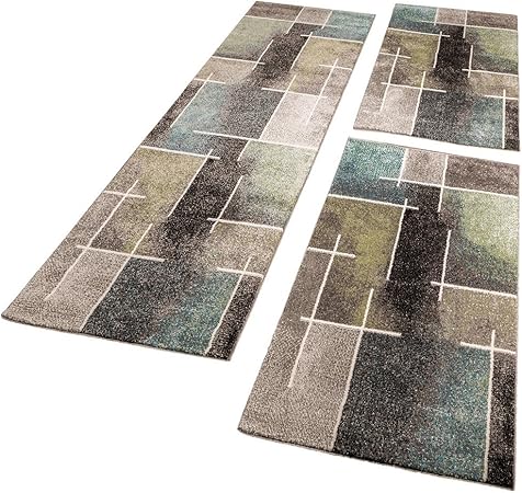 Tour De Lit Tapis De Couloir Moderne Multicolore Gris Turquoise Vert 3 Pièces Dimension2xl 70x140 1x 70x250 Cm