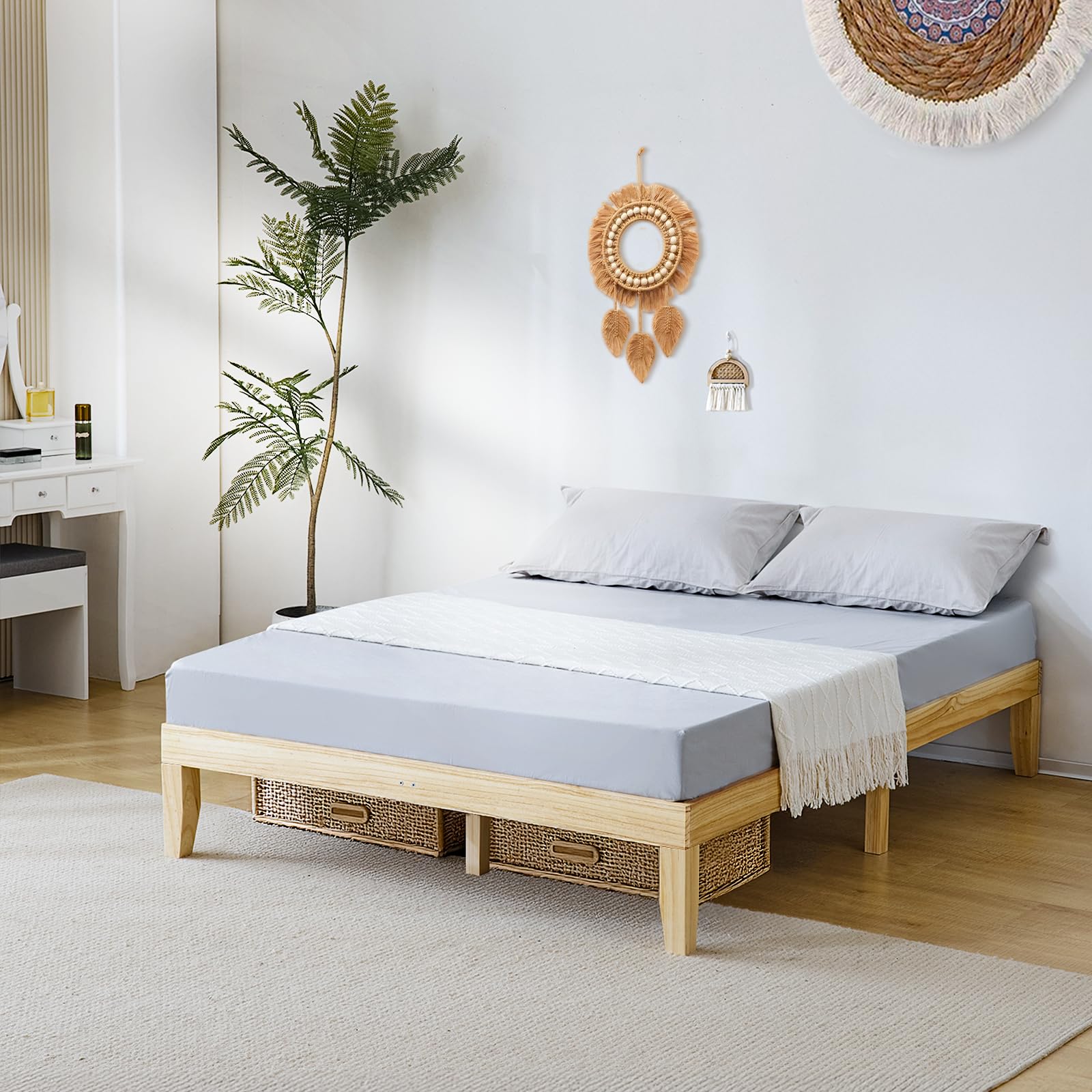 Photo 1 of ***IMAGE REFERENCE*****VINGLI 12 in Bed Frame Queen Size, Classic Solid Wood Platform Bed Frame, Sturdy Wooden Bed Slat Support,No Box Spring Needed, Natural Finish Light Wood Mid-Century Design, Low Profile, Natural Pine