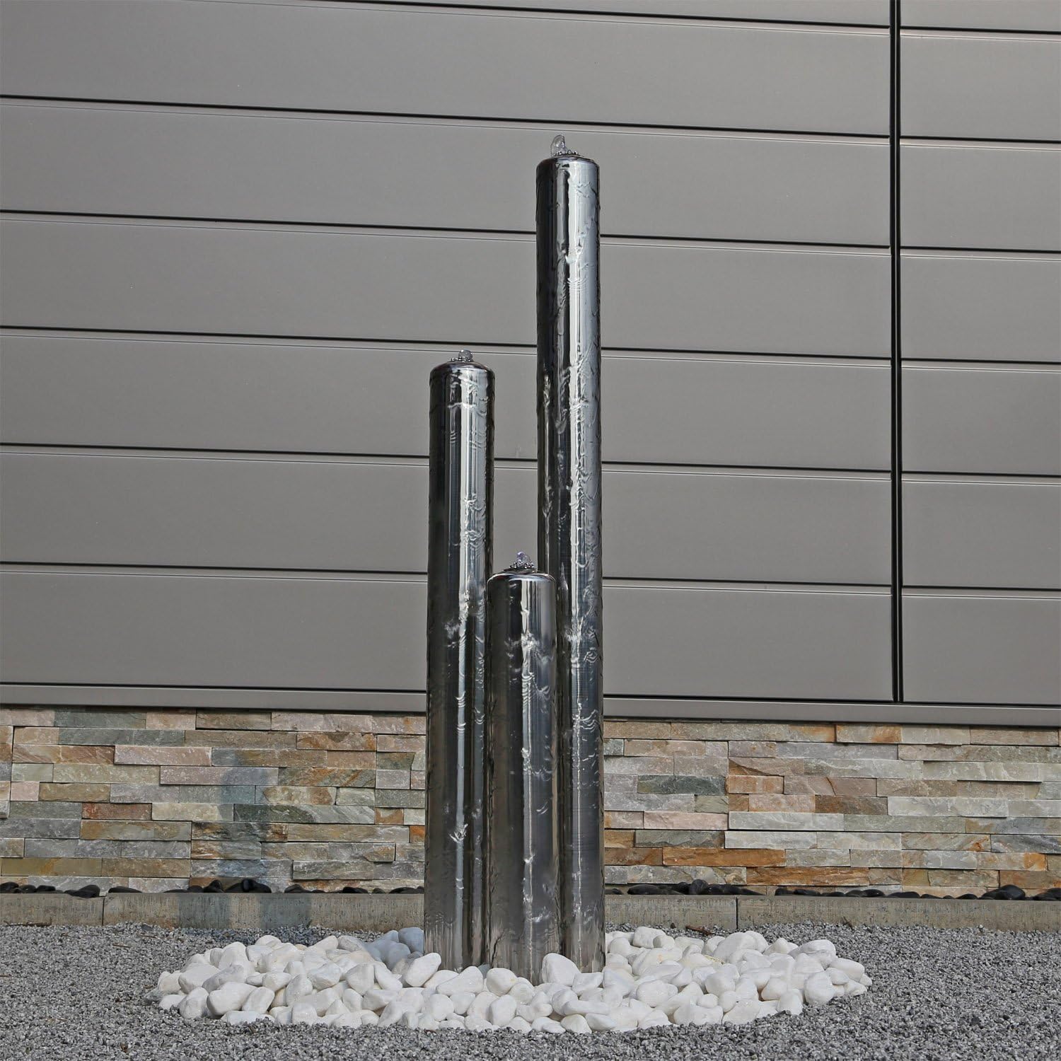 CLGarden Edelstahl Säulenbrunnen ESB1 mit 3 Säulen in der Höhe von 100cm Gartenbrunnen Wasserspiel Brunnen Außenbereich Springbrunnen aus Edelstahl aufwendig poliert mit LED Beleuchtung 12V AC