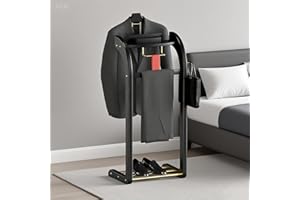 TTVACVX Suit Valet Stands for Women and Men, Wood Valet Stand with Base, Wardrobe Suit Valet Stand Organizer with Trouser Bar and Tie Bar, for Office Living Room (Black)