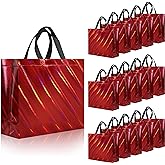 cabzymx 16 Pcs Unique Dazzling Red Reusable Gift Bags with Handles & Bases, Shiny Non-woven Holiday Goodie Bags Bulk for Birthday, Wedding, Party- 12.6x4.7x11 In