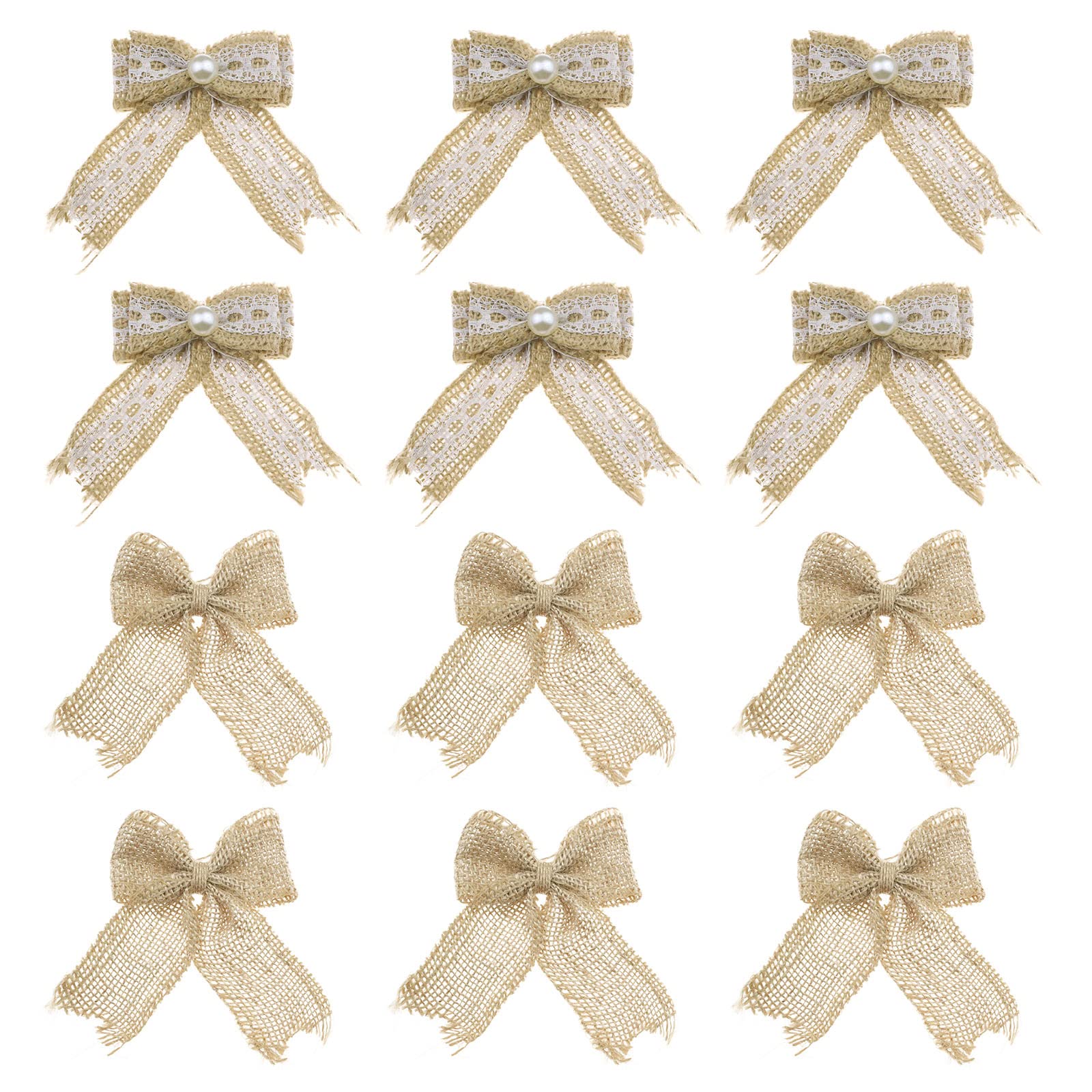 VGOL 12PCS Burlap Bows with White Lace and Pearls Decoration Knot 2 Styles for DIY Craft Gift Packaging Wedding Party Indoor Outdoor Decor