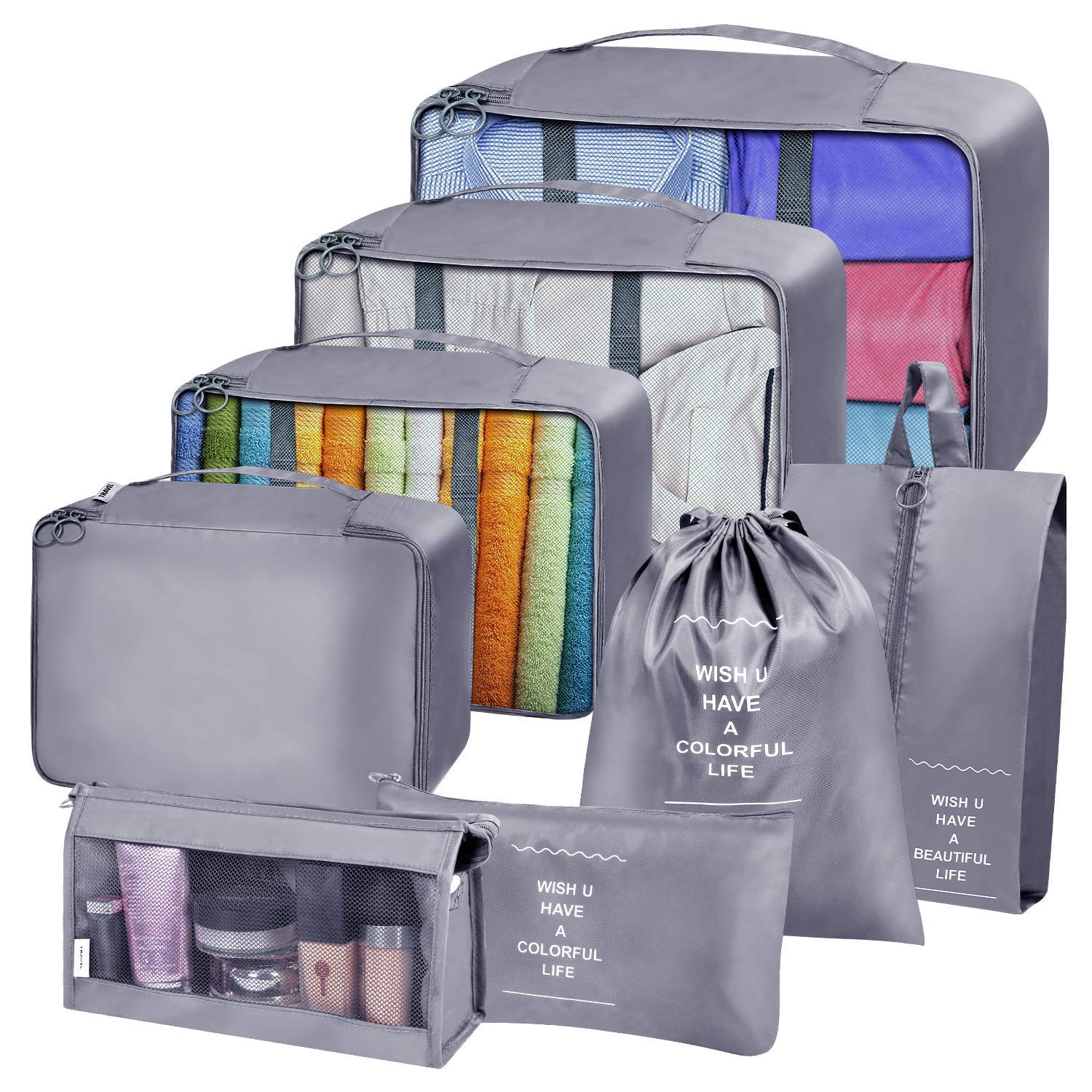 Packing Cubes for Suitcase, 8 PCS Travel Luggage Packing Organizers Waterproof Travel Essentials Bag Clothes Shoes Cosmetics Storage Bags (Gray)