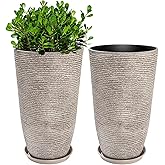 QCQHDU Set of 2 Oversized 9 Gallon Round Planters for Front Door & Patio - 12x21 Inch Tall Outdoor/Indoor Plant Pots with Drainage Tray, Gray Faux Stone Textured Tree Planters for Porch Decor