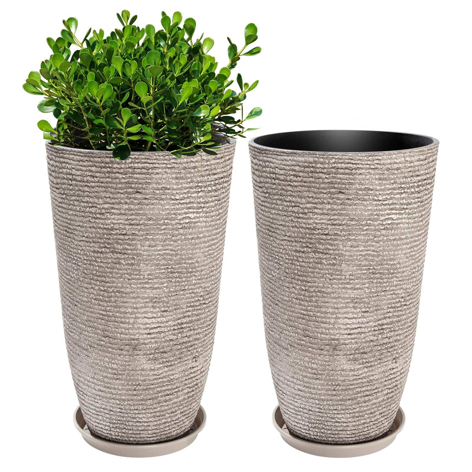 Photo 1 of *minor damage* QCQHDU Set of 2 Oversized 9 Gallon Round Planters for Front Door & Patio - 12x21 Inch Tall Outdoor/Indoor Plant Pots with Drainage Tray, Gray Faux Stone Textured Tree Planters for Porch Decor