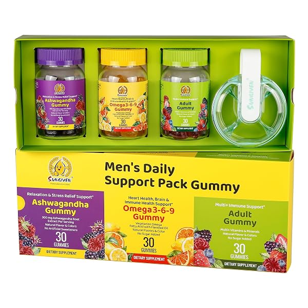 SUNGIVEN MEN’S MULTIVITAMIN GUMMY PACK, 3 SUPPORT FOR HEART BRAIN SLEEP DAILY HEALTH, VITAMINS A, D, C, E, B12, OMEGA-3, ASHWAGANDHA, ADULT CHEWABLE VITAMIN, BERRY FLAVOR, 15 DAY SUPPLY – 90 COUNT