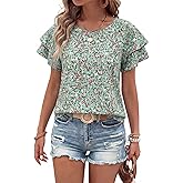 BLENCOT Women Blouses Layered Sleeve Fashion Crewneck Floral Printed Boho Loose Summer Tops