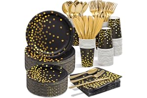 TIBLUE Black and Gold New Year Eve 2025 Decorations Party Supplies - 350 PCS Disposable Dinnerware Set Black Paper Plates Napkins Cups Gold Plastic Fork Knives Spoon for Birthday Christmas Anniversary Decor